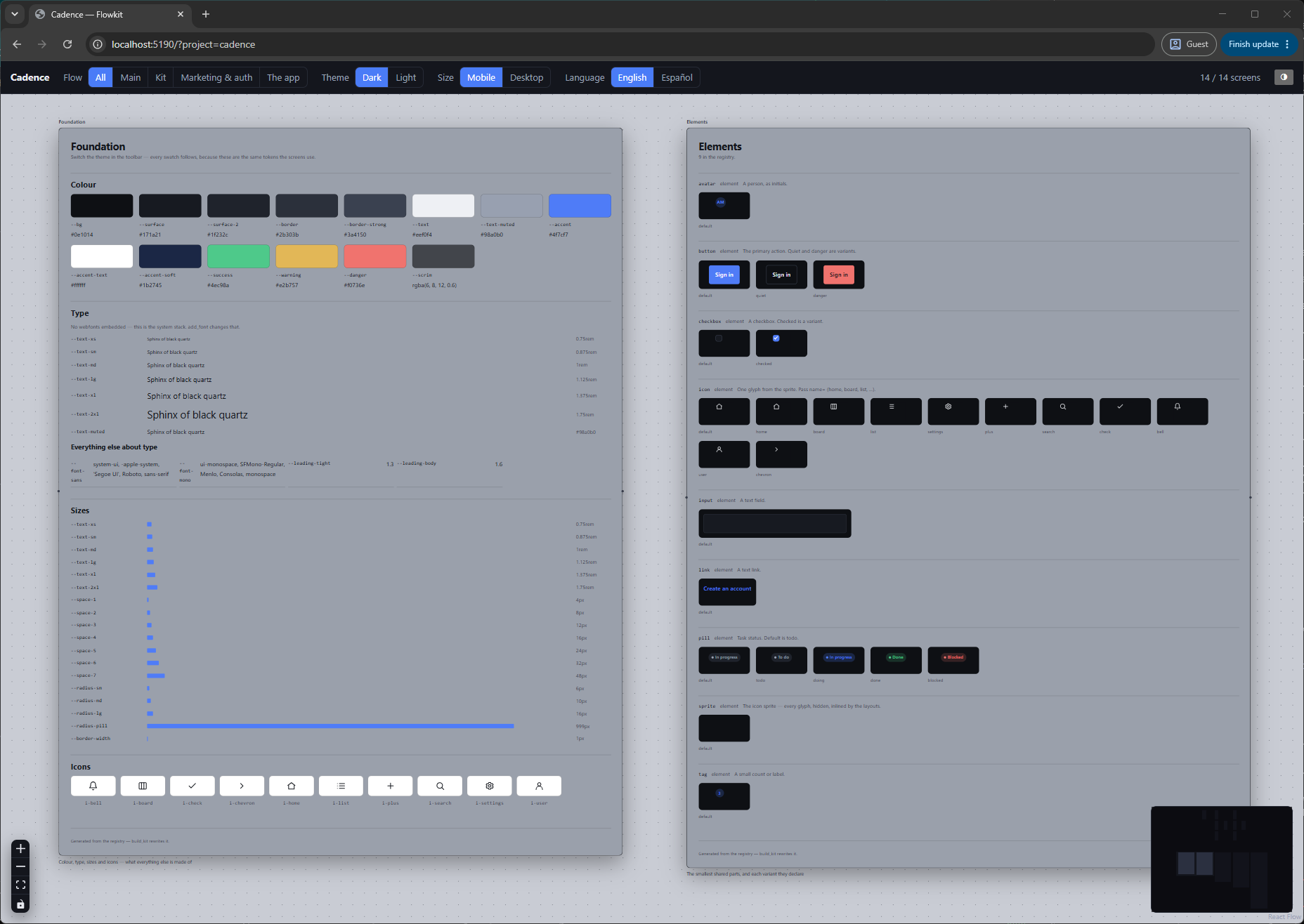 Flowkit design system: color and spacing tokens alongside reusable elements and button variants